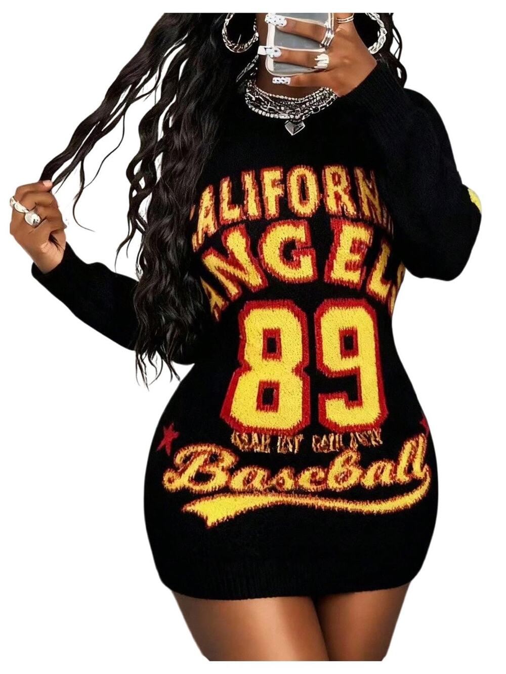 Womens Sweater S Dress Black California Angels 89 West Coast Baseball Tunic Knit